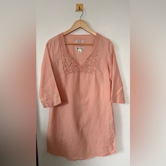 malvin Dresses & Skirts - Medium Malvin "I Love Linen" Peach Tunic Dress 3/4 Sleeve Crochet Lace Trim